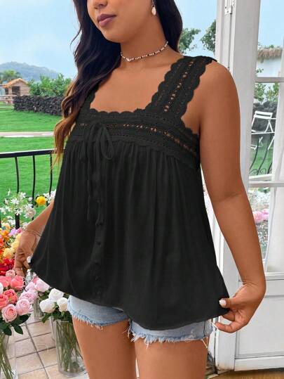 Vionelle Plus Size Solid Color Square Neck Lace Trim Sleeveless Shirt, Summer