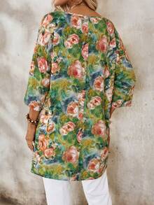 EMERY ROSE 復古花卉印花3/4袖女士休閒寬鬆夏季襯衫，適合度假和日常穿著 - 綠色 - 查看 2