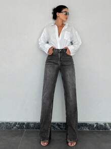 EURMUSE 100%Cotton Ladies' Solid Color Denim Pants With Slit Hem - Black - View 5