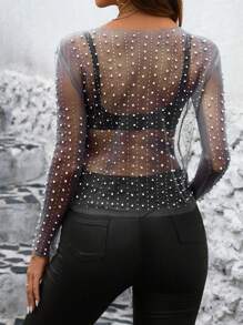 SHEIN Unity Áo lưới gợi cảm dành cho nữ có đính hạt & đính đá, thời trang mùa hè - Xám - Xem 2