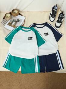 SHEIN Kids Tween Boy Korean Style Letter Print Color Block Sweatshirt And Shorts Multi-Piece Set (4pcs/Set),Black And White,Summer,Casual,Vacation Outfit - Multicolor - View 3