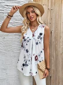 EMERY ROSE Women's Summer Casual Pleated Button Decoration Asymmetrical Hem Flower Printed Sleeveless Camisole Top - White - View 6