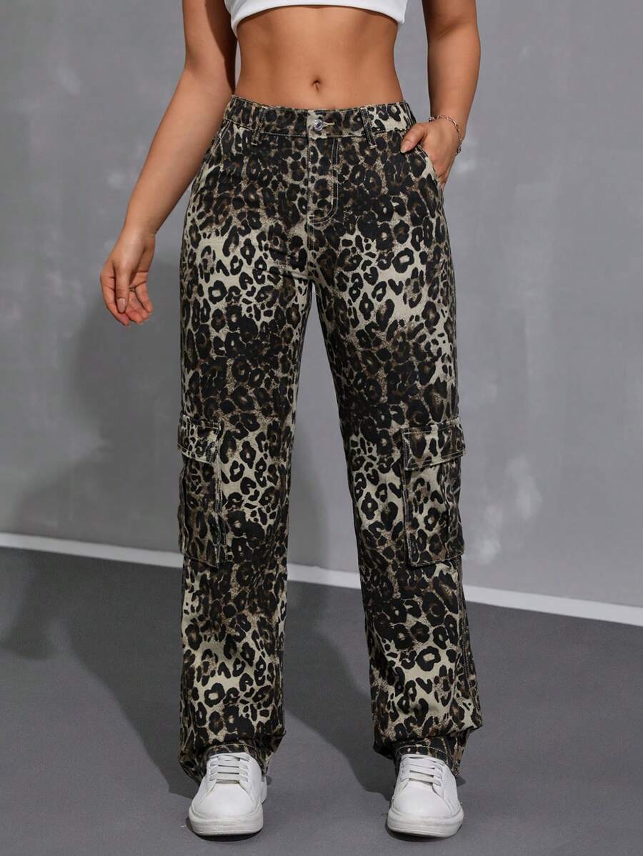 SHEIN EZwear 女性豹紋牛仔褲 - 彩色 - 查看 1