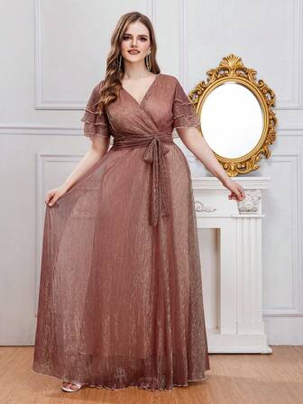 High Waist V-Neck Net Yarn Tie Up Dress