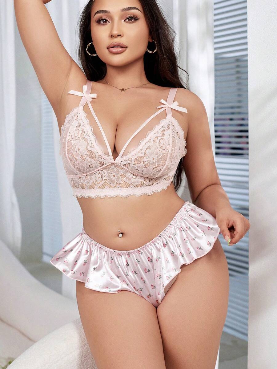 SHEIN 大尺碼女士純色簡約日常蕾絲性感內衣 - 粉色 - 查看 1