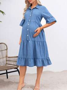 SHEIN Maternity Casual-Fit Denim Dress With Ruffle Hem And Layered Design, Blue - Blue - View 5