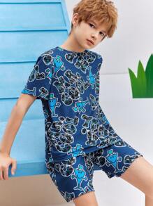 Mr Men Little Miss X SHEIN Tween Boy Bright Blue Letter Printed Cool Casual Homewear Set - Blue - View 5