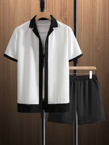 Manfinity Homme Men's Summer Holiday Vacation Color Block Short-Sleeved Shirt And Shorts Casual Set, Boyfriend Gift - Black and White - View 3
