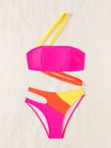 SHEIN Swim 女性夏季海灘對比色單肩空心性感比基尼套裝 - 彩色 - 查看 5