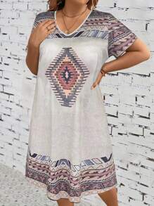 SHEIN CURVE+ Plus Size V-Neck Geometric Print Summer Short Sleeve Dress - Multicolor - View 6