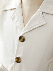 SHEIN 少女時尚純色荷葉袖連身褲,配上腰帶,適用於春夏季節 - 杏色 - 查看 5