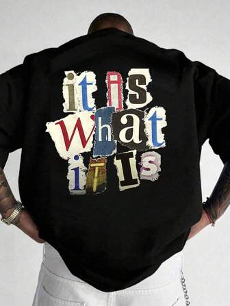 大码男士彩色字母印花宽松 T 恤