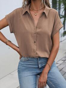 EMERY ROSE Women's Plain Simple Short Sleeve Daily Shirt - Coffee Brown - View 5