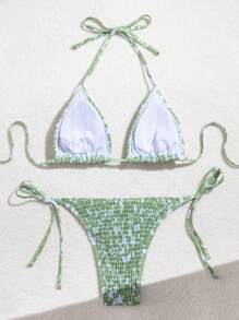SHEIN Swim Bộ Bikini Đi Biển Mùa Hè Ditsy Họa Tiết Hoa Dây Buộc Cổ Bộ Bikini Gợi Cảm - Nhiều màu - Xem 2