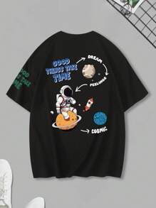 Claim Dot 男士夏季宇航員圖案印花短袖圓領T恤 - 黑色 - 查看 2