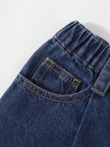 Jeans con stampa di individualità e cristalli decorativi per lo spirito scolastico, per ragazze adolescenti - Blu lavato scuro - Visualizzare 3