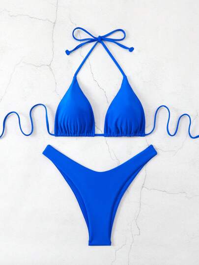 Swim Vcay Women Summer Beach Solid Halter Neck Sexy Bikini Set For Vacation