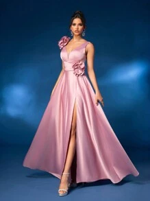 Glamrae Elegant And Gorgeous Pink Textured Satin Gathered V-Neck 3D Floral Decoration Design High Slit Oversized A-Line Dress Dress Suitable For Wedding Events Bachelor Party Graduation Quarter Holiday Prom Formal Occasion Evening Dress Wedding Guest Gown, For Dinner