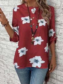 EMERY ROSE Women's Casual Shirt With Random Print, Simple Style - Burgundy - View 5