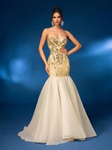 Glamrae Elegant And Gorgeous Champagne Color Tube Top With Positioning Sequins Embroidered Breast Cup Mesh Splicing Fishtail Hem Floor Length Heavy Industry Dinner Dress