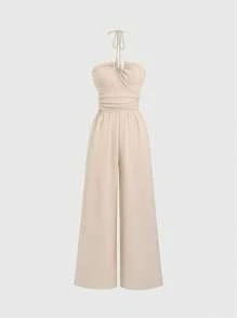 SHEIN Unity Summer Solid Color Pleated Halter Sleeveless Jumpsuit - Apricot - View 1
