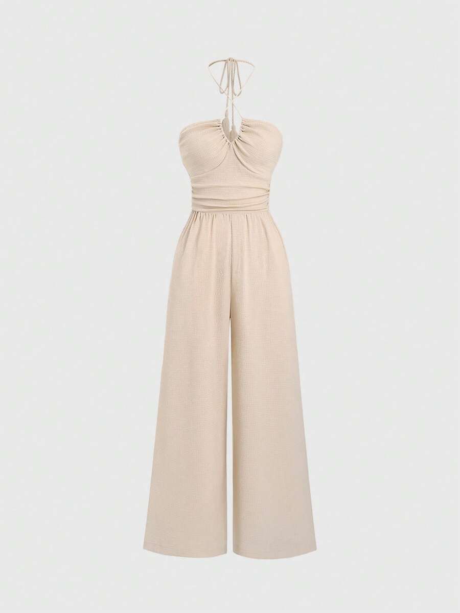 SHEIN Unity Summer Solid Color Pleated Halter Sleeveless Jumpsuit - Apricot - View 1