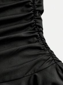 SHEIN Teen Girl Knitted Solid Color Short Dress With Anti-Glare Shorts, Ruched And Asymmetrical Hem, Halter Neck Design