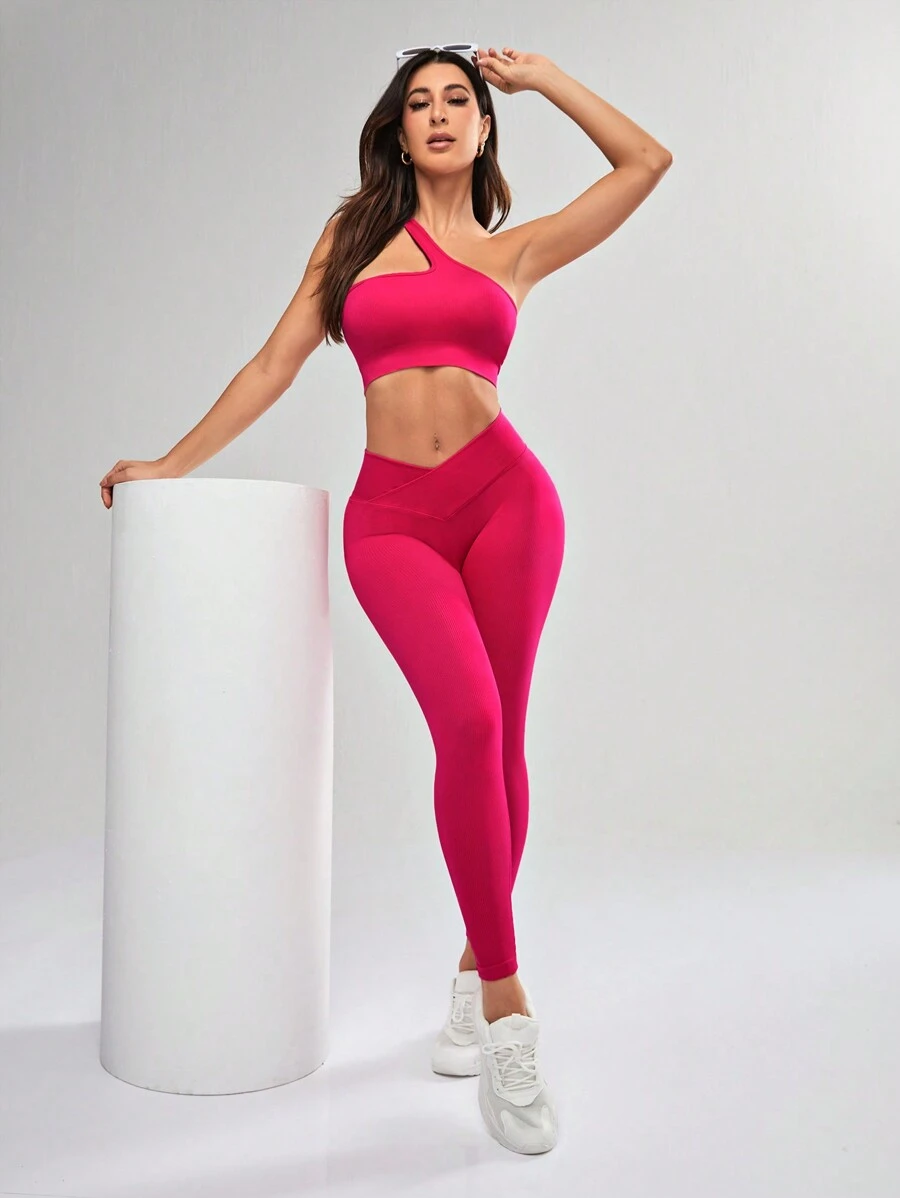 Core Rhythm Solid Color Asymmetric Neckline Vest And Long Pants Seamless Sports Set, Workout Women Set