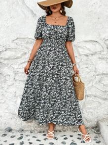 SHEIN VCAY Plus Size Vacation Style Long Floral Dress With Bubble Sleeves And Cinched Waist - Black - View 6