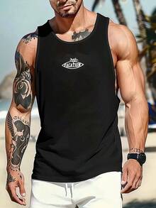 Men's Simple Printed Sleeveless Summer Tank Top - Black - View 2