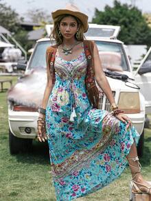 Rusttydustty 印花流蘇腰部抽繩荷葉邊吊帶連衣裙 - 彩色 - 查看 6