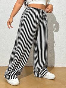 SHEIN EZwear 加大碼休閒條紋針織寬腿褲，適用於居家穿著