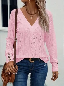 EMERY ROSE Eyelet Embroidery Drop Shoulder Tee Autumn Cloth For Women Golf Pastal Sexy - Pink - View 6