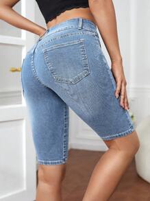 SHEIN Essnce Shorts en jean décontractés pour femmes à boutons avant avec poches