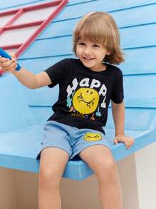 Mr Men Little Miss X SHEIN Young Boy  Cartoon Emoticon English Round Neck T-Shirt And Shorts Set, Summer - Black - View 9