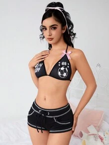 ROMWE J-Fashion Sweetheart Football Lace-Up Underwear Bra With Bowknot - Black - View 4
