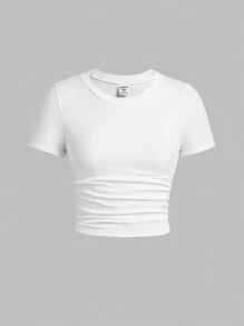 SHEIN 少女條紋褶皺短袖T卹＋手風琴包口褲休閒套裝 - 亮橙色 - 查看 3