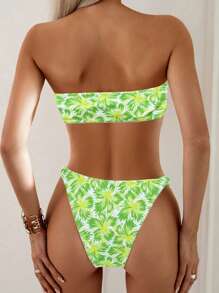 SHEIN Swim 女性夏季沙灘熱帶植物印花無肩帶性感比基尼套裝（隨機印花） - 綠色 - 查看 2
