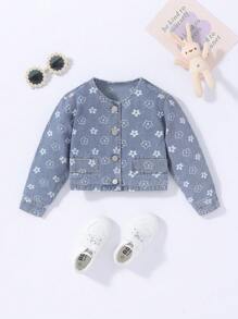 Girls' Lovely Flower Patterned Retro Jacket For Outerwear, Jeans Match - Light Wash - View 6
