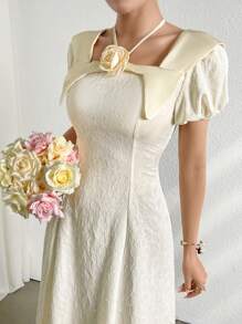 Modelyn Women's Puff Sleeve Party Dress With 3D Flower Design - Apricot - View 7