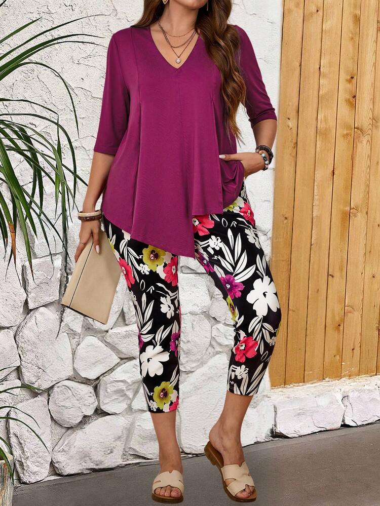 플러스 사이즈 여성용 티처 복장 캐주얼 여름 드레스 단색 브이넥 반팔 상의와 꽃 프린트 캐주얼 롱 팬츠 여름 휴일 두개의 세트