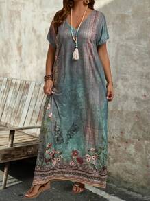 EMERY ROSE Plus Size Women's Summer Green Printed Long Dress,Vacation/Spring - Green - View 6