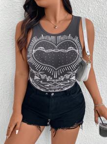 Flirla Plus Size Nữ Họa tiết trái tim cổ điển đính kim cương giả, mùa hè - Xám - Xem 3