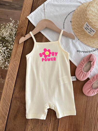 SHEIN Leap Crew Letnie ubrania dla dziewczynki, prosty kombinezon z nadrukiem w kwiaty i litery na lato, beżowy