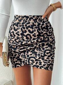 SHEIN Frenchy 女士豹紋打摺優雅修身裙，夏季款 - 彩色 - 查看 1