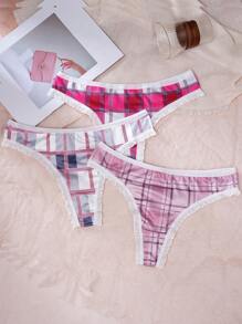 3pcs Women's Simple Plaid Pattern Lace Trimmed Thongs - Multicolor - View 5