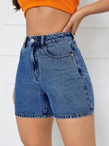 SHEIN Privé 女性休閒修身牛仔短褲，帶口袋 - 中等水洗藍 - 查看 1