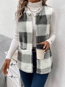 SHEIN LUNE Buffalo Plaid Print Open Front Teddy Vest Coat - Black and White - View 5