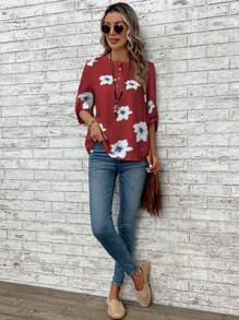 EMERY ROSE Women's Casual Shirt With Random Print, Simple Style - Burgundy - View 4