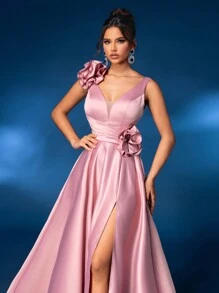 Glamrae Elegant And Gorgeous Pink Textured Satin Gathered V-Neck 3D Floral Decoration Design High Slit Oversized A-Line Dress Dress Suitable For Wedding Events Bachelor Party Graduation Quarter Holiday Prom Formal Occasion Evening Dress Wedding Guest Gown, For Dinner